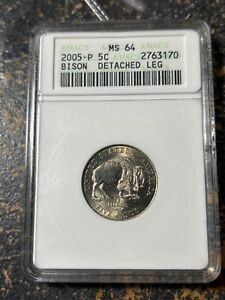 2005 P ANACS MS 64 Detached Leg Bison Nickel Mint Error Great Eye Appeal