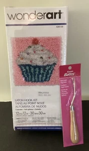 Wonderart Latch Hook Kit Cupcake 12 X 12 and Susan Bates Bent Latch Rug Hook New - Picture 1 of 1