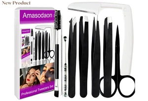 Tweezers Set Stainless Steel Beauty Tools 9+1 PCS for Eyebrow & Hair Removal - Picture 1 of 5