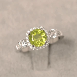 Solitaire Green Peridot Women Ring Natural Round Cut 925 Sterling Silver Ring - Picture 1 of 5