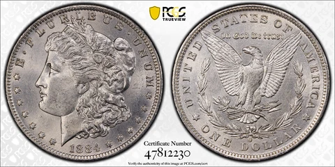 1884 O MORGAN SILVER DOLLAR PCGS UNC Detail Proteced by Gold Shield & TrueView Cover