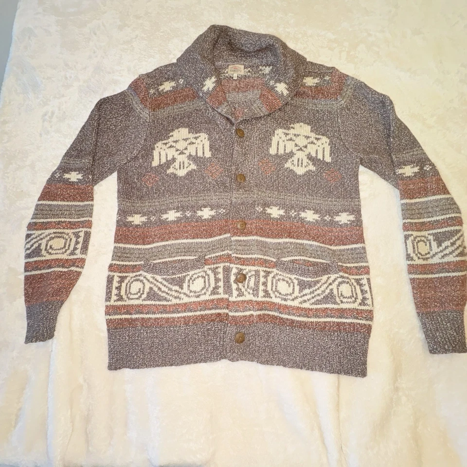 Faherty Steven Paul Judd Cardigan Men L Gray Aztec Sweater Thunderbird Fair Isle - Image 1 of 4
