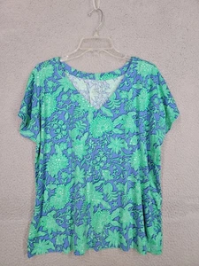 T-shirt J Jill Luxe Supima plissettata dietro grande manica corta scollo a V blu floreale - Foto 1 di 6
