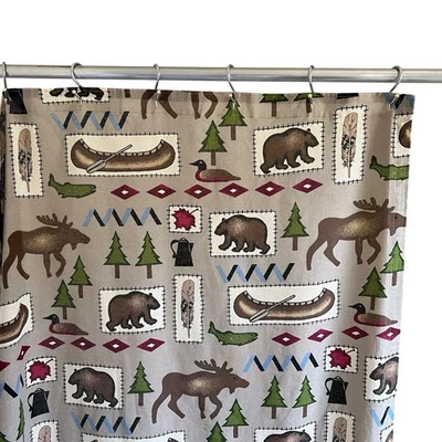 Shower Curtain Bacova Rustic Cabincore Cotton Unlined Lodge Fish Canoe 69L x 66W - Image 1 of 4