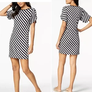 Michael Kors Striped Dress Tulip-Sleeve Jersey Black White Size 1X - Picture 1 of 15