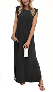 Women's Summer Casual Loose Split Long Maxi Sun Dress with Pockets Medium Black - Picture 1 of 7