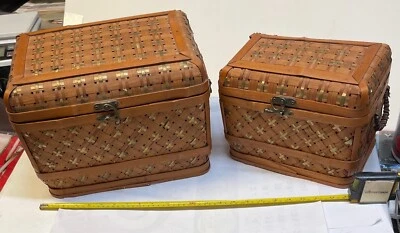 Vintage Set 2-Rattan Wicker Storage Nesting Baskets with Lids and Side Handles - Image 1 of 4