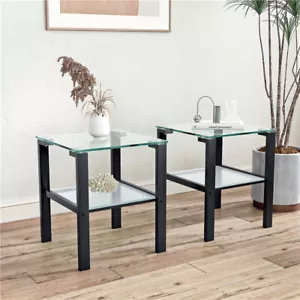 Set of 2 Modern Tempered Glass 2 Layer Tea Table Coffee Table & Square End Table - Picture 1 of 20