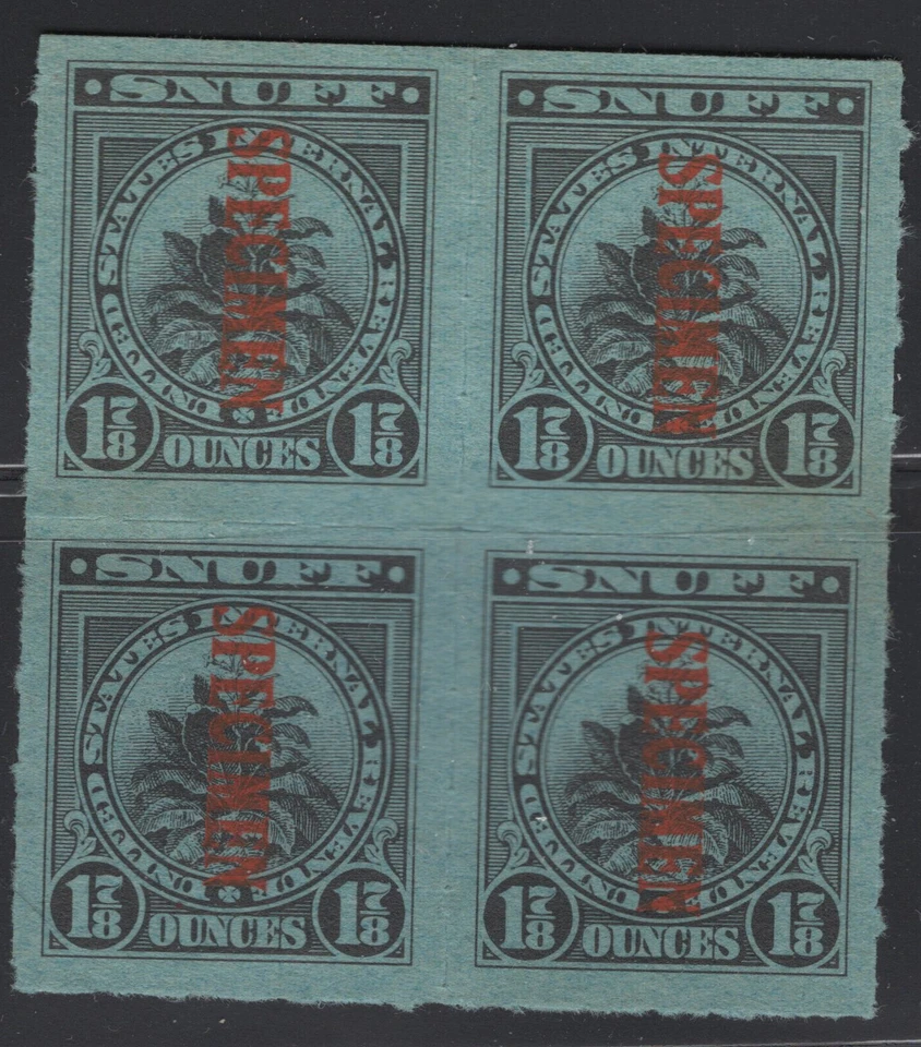 US Taxpaid Revenue Stamp Specimen  Block of 4 - Springer TES13 Snuff 1 7/8 oz - Image 1 of 1
