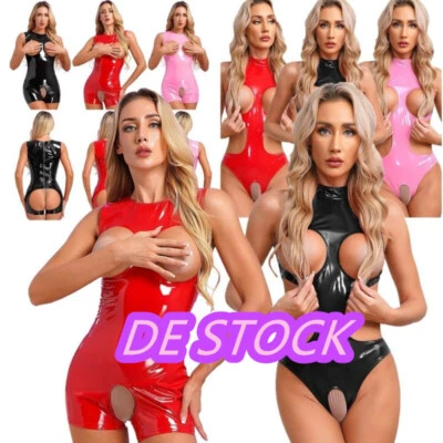 DE~Damen Wetlook Lackleder Body Kurz Overall Nightclub Ärmellose Catsuit Dessous - Bild 1 von 4