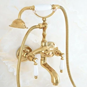 Gold Brass Wall Mount Clawfoot Bath Tub Shower Faucet Sets w/ Handheld Shower  - Picture 1 of 8