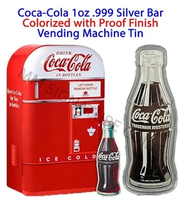 2024 Pamp vintage Coca Cola 1 oz fine Silver Bottle and Vending Machine Tin Bank - Picture 1 of 3
