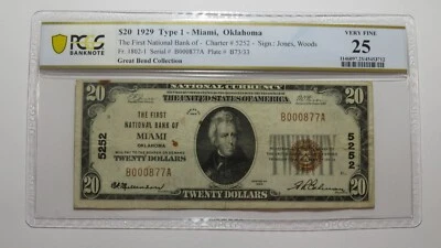 $20 1929 Miami Oklahoma OK National Currency Bank Note Bill Ch. #5252 VF25 PCGS - Image 1 of 4