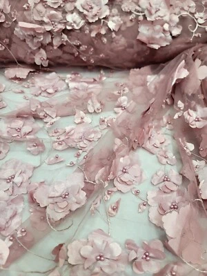 Fabric Sold By The Yard 3d Floral Lace Dusty Rose Embroidery PEARLS Bridal Quinc - Image 1 of 4