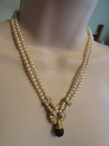 VTG 16-18" Faux Pearl Necklace Black Crystal Cut Stone in Gold with Rhinestones - Picture 1 of 11