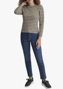DKNY Jeans Women Top Knit Puff Shoulder Long Sleeve Fatigue/Black Size XL NWT - Picture 1 of 14