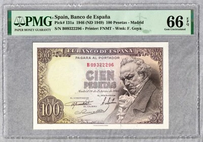 1946 Spain 100 Pesetas, PMG UNC 66 EPQ - Image 1 of 2