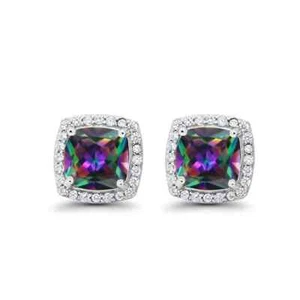 14k White Gold Plated 3 Ct Created Halo Princess Cut Mystic Topaz Stud Earrings - Picture 1 of 2