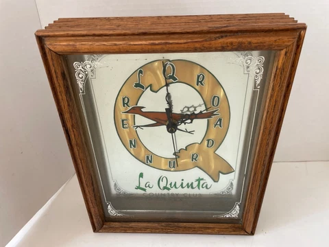 Vintage 1986 LaQuinta Country Club Clock Timepiece Mirror Wood Frame 11"x9"x2.5" Cover