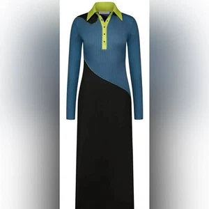 NWT Marina Moscone Collared Maxi Polo Dress Black Green + Blue - Sz M MSRP $650 - Picture 1 of 7