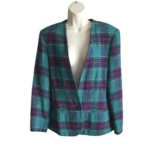 Koret Women's Jacket Blazer Plaid Boucle Green Multi Size 14 - Picture 1 of 12
