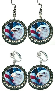 Patriotic Flag & Eagle Bottle Cap Pierced or Clip on Dangle Earrings (CAP027) - Picture 1 of 3