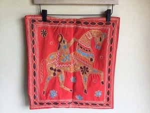 Vintage India Folk Art Gold Metallic Embroidered Horse Square Throw Pillow Cover - Picture 1 of 6