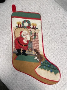 Vintage Hand Nadelspitze Wolle Weihnachtsstrumpf Weihnachtsmann mit Spielzeug Tasche Kamin Hund - Bild 1 von 10