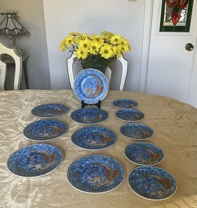 Moriage Satsuma blau China handbemalt Drachen Teller 7er Set Desert + 5 Untertassen - Bild 1 von 6
