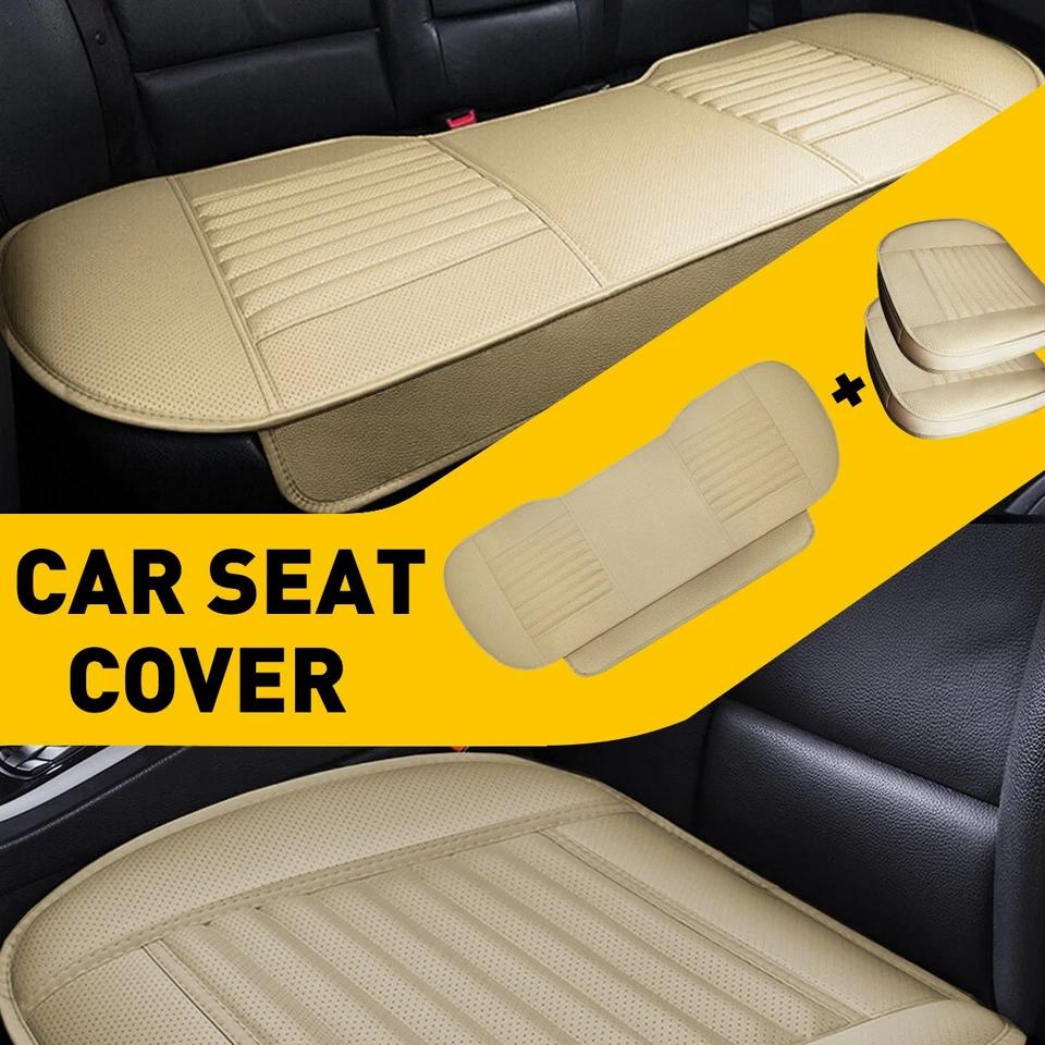 Beige Set Chair Pad Mat Car Front Rear Seat Cover Cushion Leather Protector 3PCS - Imagem 1 de 4