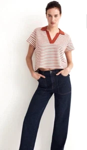 Madewell Damen Poloshirt Burnt Rot Weiß Gestreift Struktur Ripp Cropped Gr. S 1254H4 - Bild 1 von 12