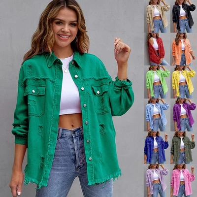 Women Denim Jackets Casual Loose Jeans Button Coat Long Sleeve Outwear PLUS SIZE - Image 1 of 4