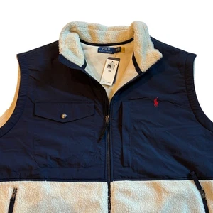 Polo Ralph Lauren Wind Blocking Vest Jacket Mens 4XB Blue Cream Sherpa High Pile - Picture 1 of 11