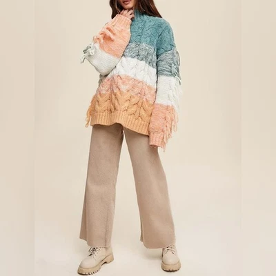 Lumiere Color Block Striped Tassels Fringe Cable Knit Sweater Boho Southwestern - Image 1 of 4