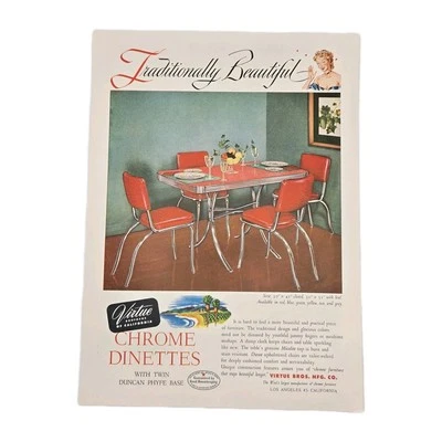 Хромированные обеденные столы, стулья и стулья Virtue Bros середины века современная печатная реклама 8 x 11 дюймов - Изображение 1 из 2