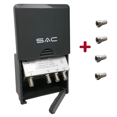 3 Way Masthead Outdoor TV Aerial Splitter with DC Pass LTE Filter + 4 F Plugs - Image 1 of 4
