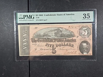 1864 $5 Confederate States of America - T-69 - VF-35 (PMG) - Image 1 of 2