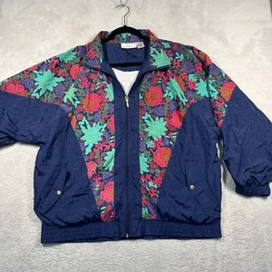 Giacca a vento vintage anni 90 Just for donna foderata nylon 1x blu navy stampa floreale - Foto 1 di 6
