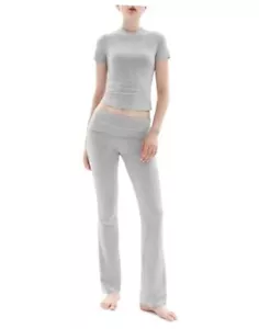 Women's 2 Piece Lounge Sets Short Sleeve Tops Fold-Over Medium Heather Grey - Picture 1 of 7