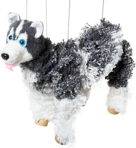 Ein Garn dunkelgrau & weiß Husky Hund vierbeinig 12" Schnur Marionette Puppe NP - Bild 1 von 6