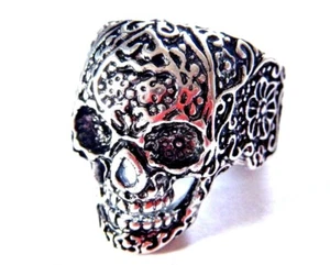 SILVER TONE SUGAR SKULL RING Day of the Dead Punk Goth Biker Heavy Metal sz 8 6B - Picture 1 of 3