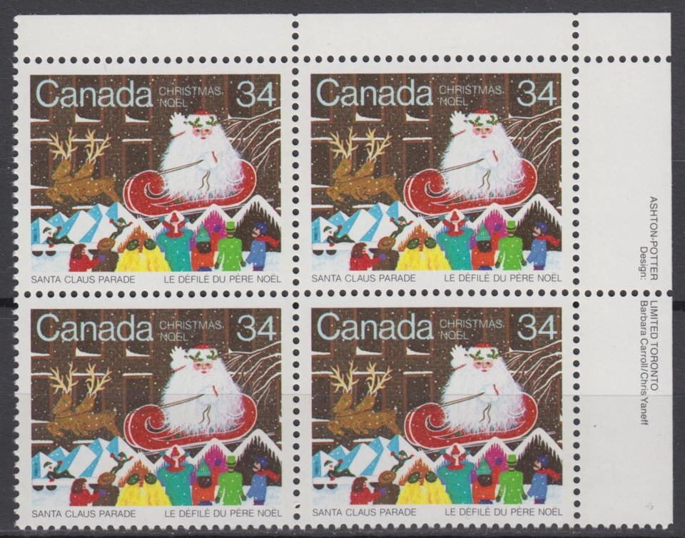 CANADA #1067 34¢ Santa Claus Parade UR Inscription Block MNH - Image 1 of 1