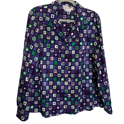 Leslie Fay галантерейная блузка женщин 16P миниатюрный фиолетовый печать длинным рукавом воротник - Изображение 1 из 4