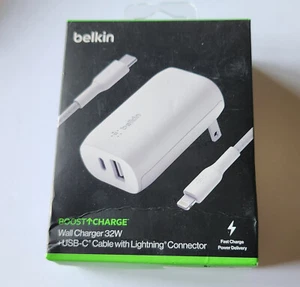 NEW White Belkin Boost Charge Dual Wall Charger 32W USB-C to Lghtning - WCB004 - Picture 1 of 11