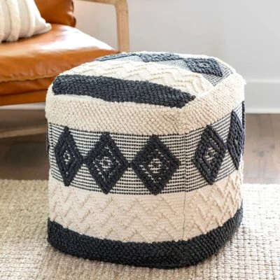 Cotton Pouf Ottoman Boho Cottage Black White - Image 1 of 4