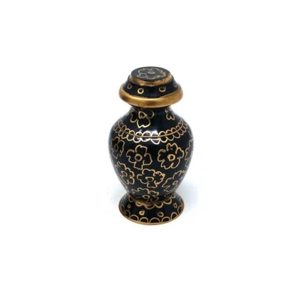 Mini Keepsake Black & Gold Floral Brass Urn – Small Memorial Cremation Urn - Image 1 of 4