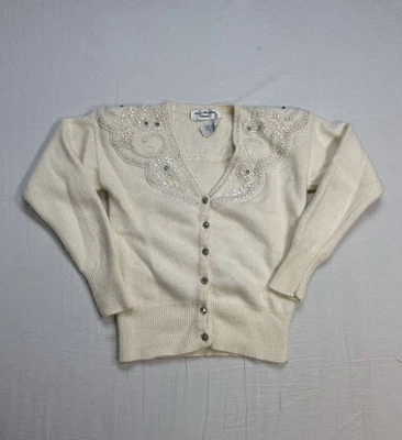 Vintage 80s Angora Lambswool Beaded Sweater S/XS Mohair Style Cardigan Grandma - Image 1 of 4