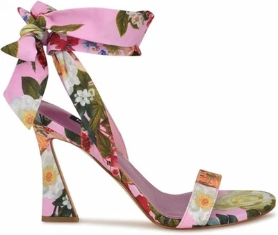 Kelsie Sandals Womens 11M Pink Satin Floral Ankle Wrap Heeled Stiletto Bow Strap - Image 1 of 4