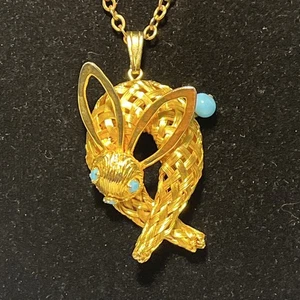 Vintage Easter Bunny Pendant And 20”Chain Gold Tone Blue Faux Turquoise Accents - Picture 1 of 8