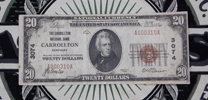 1929 $20 NB Kentucky National Currency *CARROLLTON* KY Ch#3074 A000310A ECC&C - Picture 1 of 5